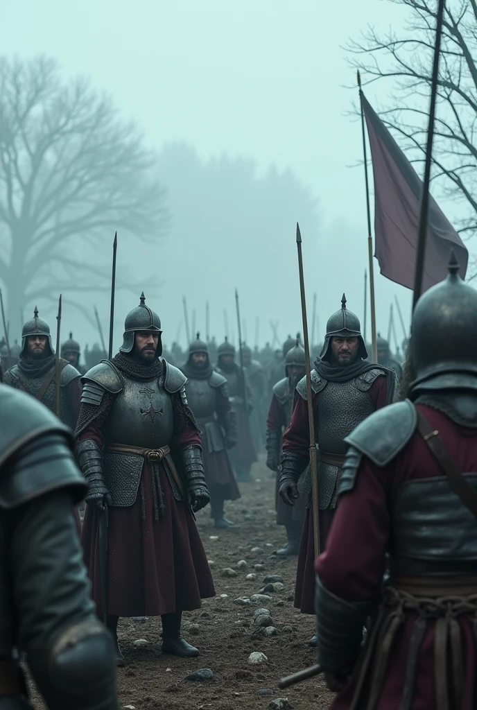 Following the death of Cnut the Great, a group of fierce warriors and royal heirs, dressed in 11th-century armor and noble garments, stand in a tense standoff in a fog-shrouded battlefield; the characters include Cnut's sons and the heirs of his former rivals, each gripping swords and shields, with expressions of anger and determination; the scene is set in the early medieval period, with a cold, desolate landscape marked by barren trees and the remnants of a recent battle in the background; the sky is overcast, adding to the grim atmosphere as the men prepare for a fierce and inevitable clash; in the background, distant banners flutter in the wind, representing the various factions vying for the throne; the shot is a wide-angle view, capturing the intense emotions of the figures and the ominous setting; photo realism, cinematography. The camera lens size should be 200mm, aperture setting f/4.5, and ISO 1600. The medium should be color photography.