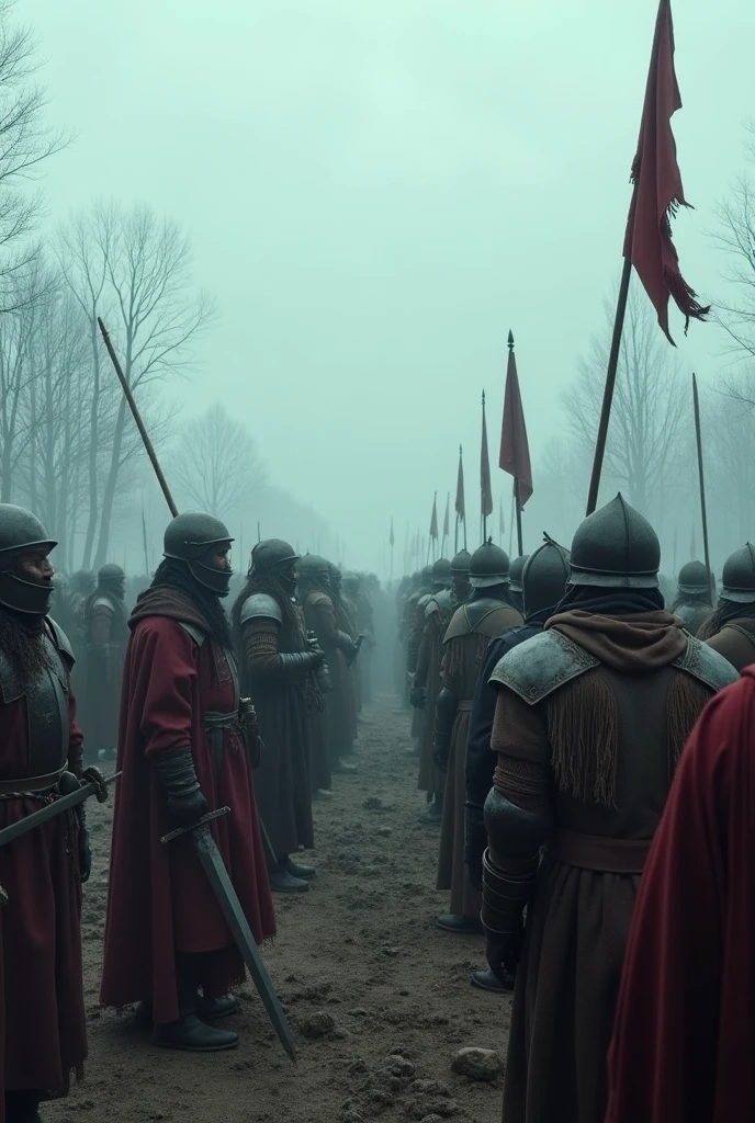 Following the death of Cnut the Great, a group of fierce warriors and royal heirs, dressed in 11th-century armor and noble garments, stand in a tense standoff in a fog-shrouded battlefield; the characters include Cnut's sons and the heirs of his former rivals, each gripping swords and shields, with expressions of anger and determination; the scene is set in the early medieval period, with a cold, desolate landscape marked by barren trees and the remnants of a recent battle in the background; the sky is overcast, adding to the grim atmosphere as the men prepare for a fierce and inevitable clash; in the background, distant banners flutter in the wind, representing the various factions vying for the throne; the shot is a wide-angle view, capturing the intense emotions of the figures and the ominous setting; photo realism, cinematography. The camera lens size should be 200mm, aperture setting f/4.5, and ISO 1600. The medium should be color photography.