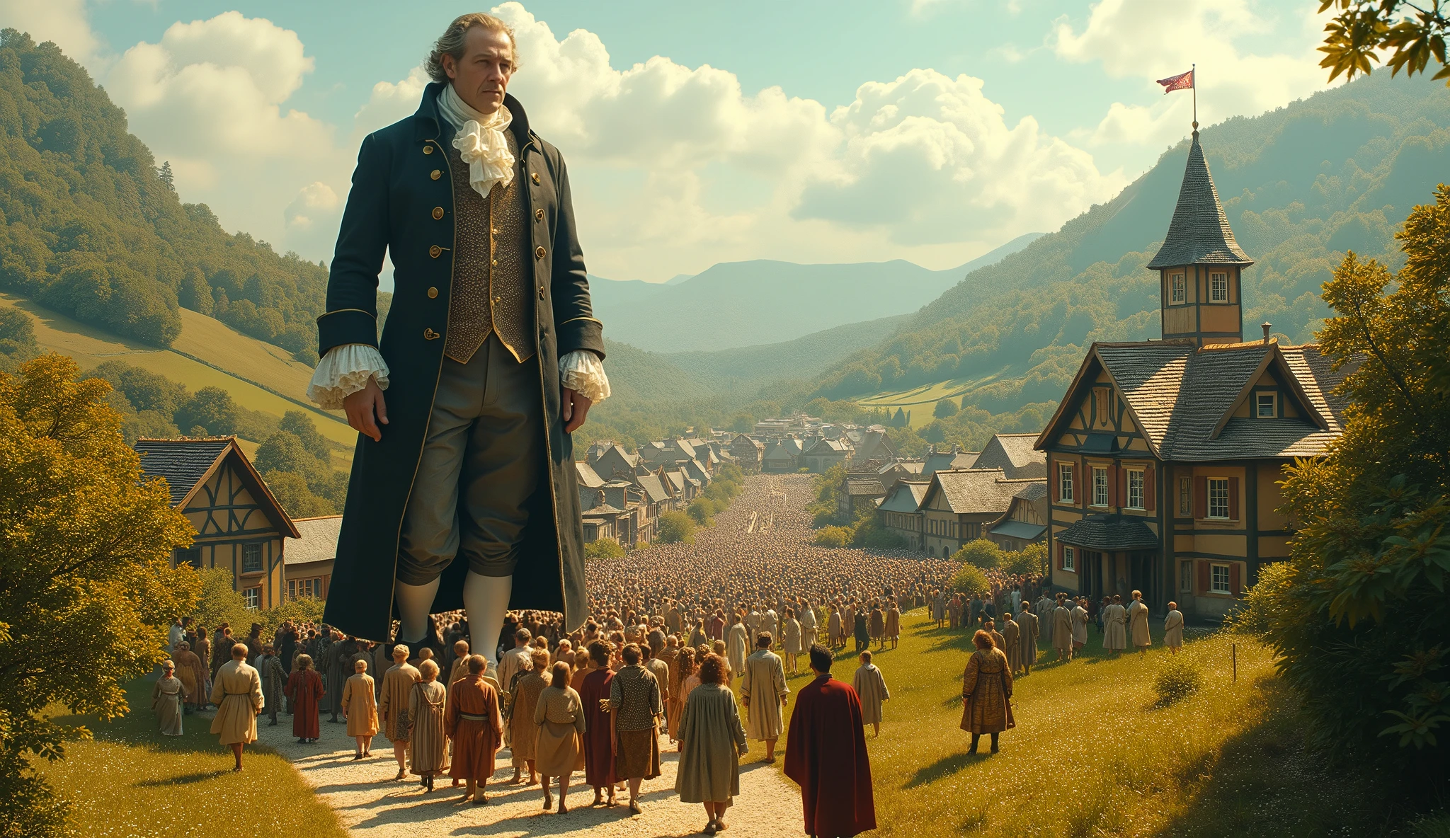Fantastical photography of a giant man, dressed in 18th-century attire, being led by dozens of tiny people, full body shot showing scale, in a miniature village with detailed tiny buildings and farmlands, under bright daylight, shot from a high angle to emphasize size difference, captured on a high-resolution digital camera with a wide-angle lens, (forced perspective:1.3), (hyper-detailed:1.2), in the style of (Terry Gilliam:1.4)