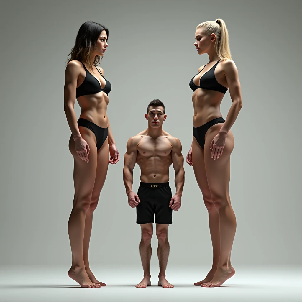 Two Very Tall girls in the left and right, short man in the middle, the two girls are much taller than the man, girls are models, girls are ring girls, man is an mma fighters, girls are wearing black bras and shorts, man is shirtless and wearing black shorts, girls are standing barefoot, man is wearing shoes