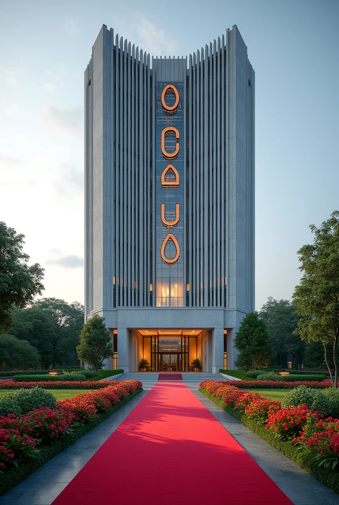 A luxurious, presidential standard company headquarters with the name NEXUS(CCAO) on it and red carpet on entrance with Singaporean architecture,grass, flowers and on it's own space and compound where is the name NEXUS (CCAO) can't see the words I want it more bold and exquisite where are the writing make it long on both left and right give full view and the extension let it be alone on it's big compound writings?