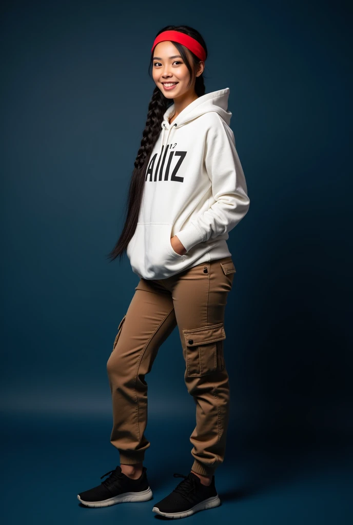 Create a full body beautiful Thai women, smiling, wearing a white hoodie and say's ' alliz ' and brown cargo pants and black beautiful shoes, black long braids hairstyles with red headband, posting , dark blue background, looking at the camera, photography.