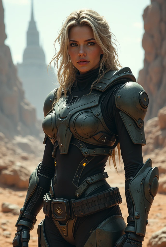 female, woman,elite mercenary wearing battle armor, futuristic western scene, dark fantasy atmosphere, 