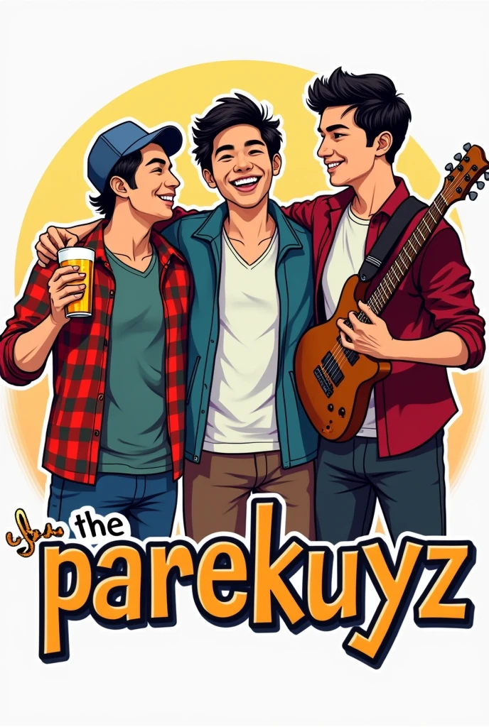 logo of  three all boys Filipino friends, one is holding a glass of beer with a snapback cap and the other is holding a guitar and below the logo is the lettering the parekuyz 
