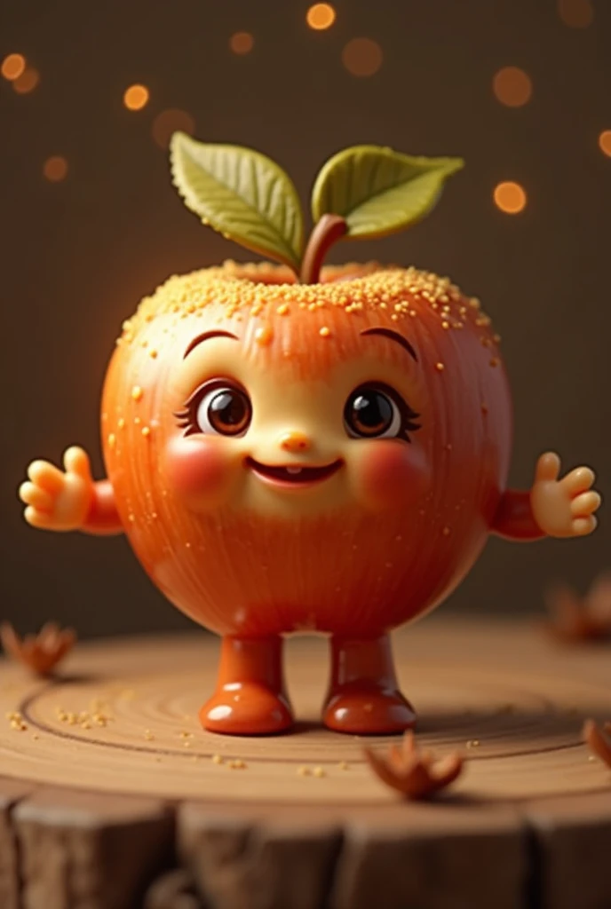 Caramel covered apple, that has hands, feet and a tender face
