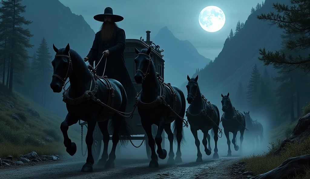 a dark stagecoach of 4 black horses, driven by a tall man with a long brown beard and a large black hat. The stagecoach travels along a dirt road in a mountainous section surrounded by dense forest. It's a dark night with a full moon