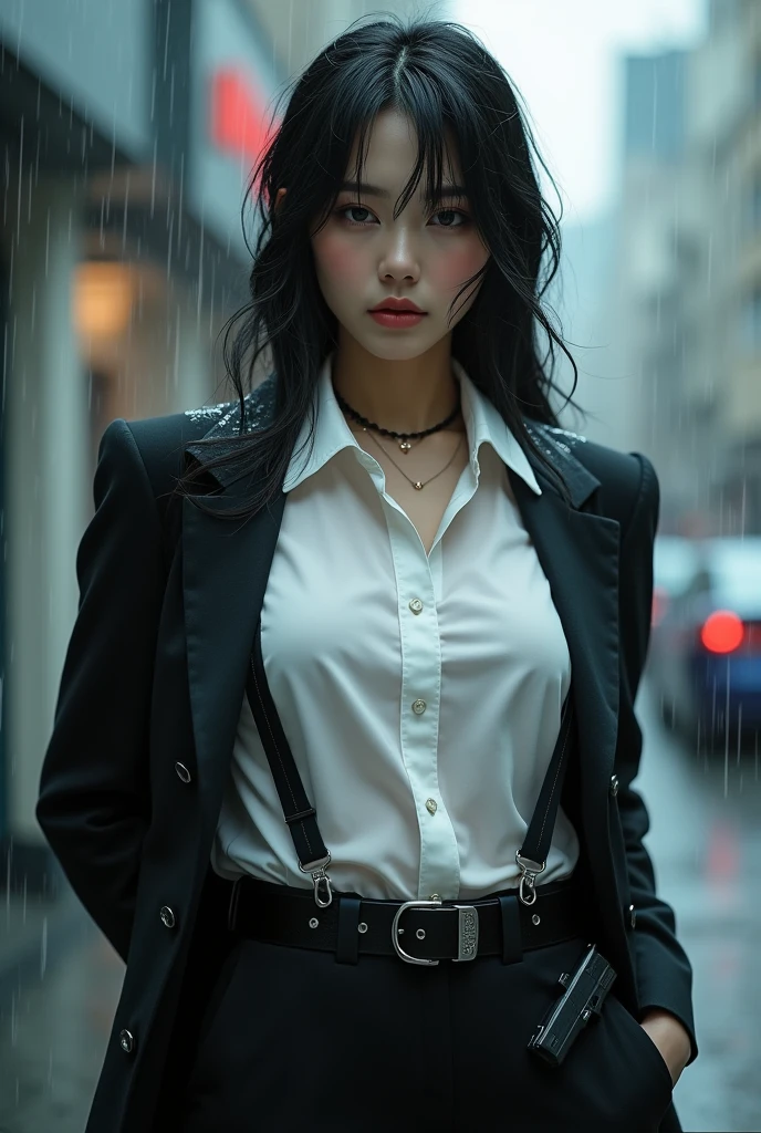 a woman in a suit, belt, hands behind back, sweating, suspenders, black pants, sexly, large breasts, see-through clothing, rain, detective, office worker, white button-up shirt, (best quality,4K,8k,highres,masterpiece:1.2),ultra-detailed,(realistic,photorealistic,photo-realistic:1.37),hyper-detailed,highly detailed face and body, Slender thin suspenders Moderate breasts See-through shirt Nipples holster chain Pistol Armament criminal Female criminal knife japanese profile Japanese women