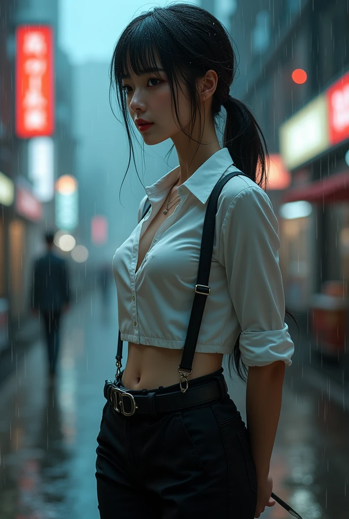 a woman in a suit, belt, hands behind back, sweating, suspenders, black pants, sexly, large breasts, see-through clothing, rain, detective, office worker, white button-up shirt, (best quality,4K,8k,highres,masterpiece:1.2),ultra-detailed,(realistic,photorealistic,photo-realistic:1.37),hyper-detailed,highly detailed face and body, Slender thin suspenders Moderate breasts See-through shirt Nipples holster chain Pistol Armament criminal Female criminal knife japanese profile Japanese women