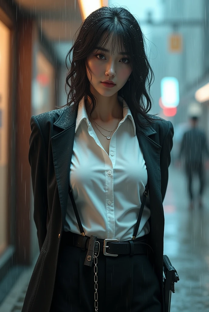 a woman in a suit, belt, hands behind back, sweating, suspenders, black pants, sexly, large breasts, see-through clothing, rain, detective, office worker, white button-up shirt, (best quality,4K,8k,highres,masterpiece:1.2),ultra-detailed,(realistic,photorealistic,photo-realistic:1.37),hyper-detailed,highly detailed face and body, Slender thin suspenders Moderate breasts See-through shirt Nipples holster chain Pistol Armament criminal Female criminal knife japanese profile Japanese women
