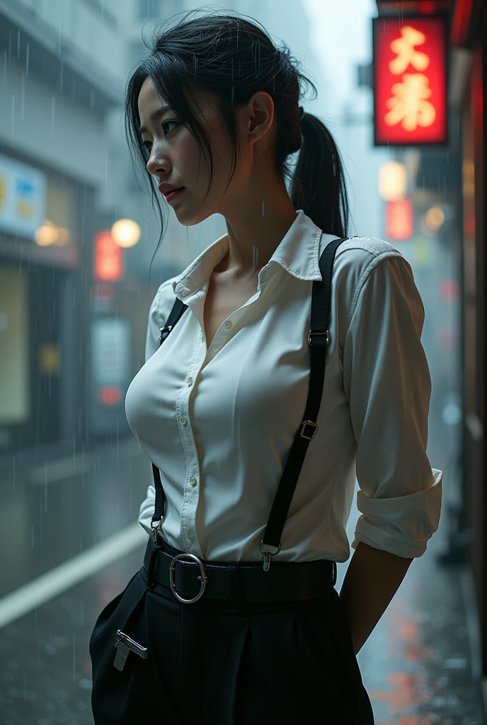 a woman in a suit, belt, hands behind back, sweating, suspenders, black pants, sexly, large breasts, see-through clothing, rain, detective, office worker, white button-up shirt, (best quality,4K,8k,highres,masterpiece:1.2),ultra-detailed,(realistic,photorealistic,photo-realistic:1.37),hyper-detailed,highly detailed face and body, Slender thin suspenders Moderate breasts See-through shirt Nipples holster chain Pistol Armament criminal Female criminal knife japanese profile Japanese women