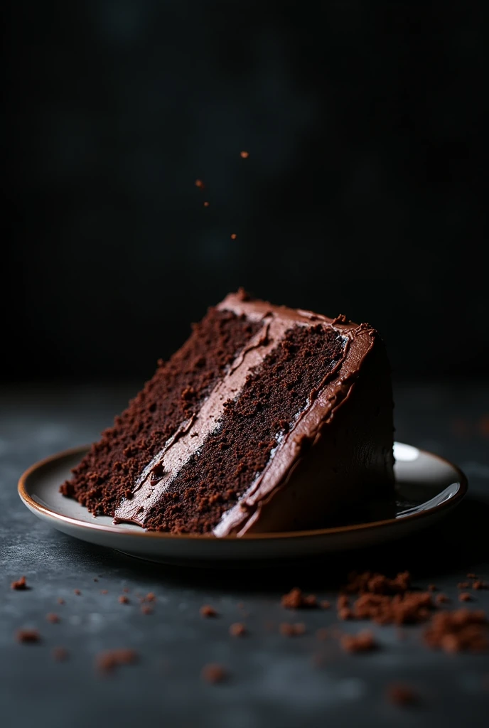 cinematic film still chocolate, chocolate cake, dark background, quality photo, moist texture, frosting, studio photo, slice . shallow depth of field, vignette, highly detailed, high budget, bokeh, cinemascope, moody, epic, gorgeous, film grain, grainy