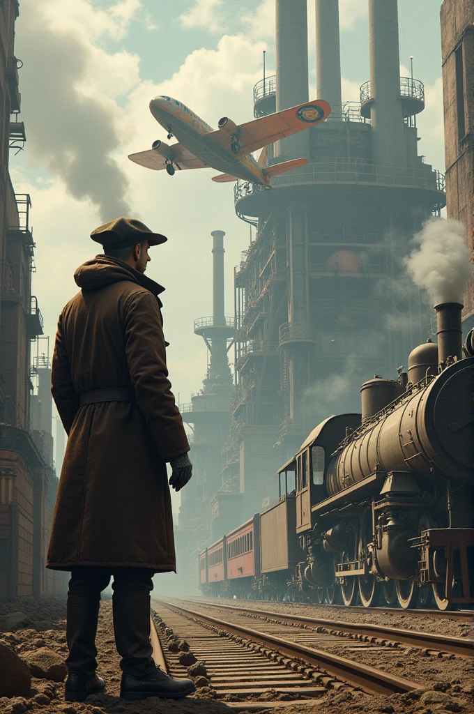 Create an image of a model about the second industrial revolution that contains a factory, train and plane 