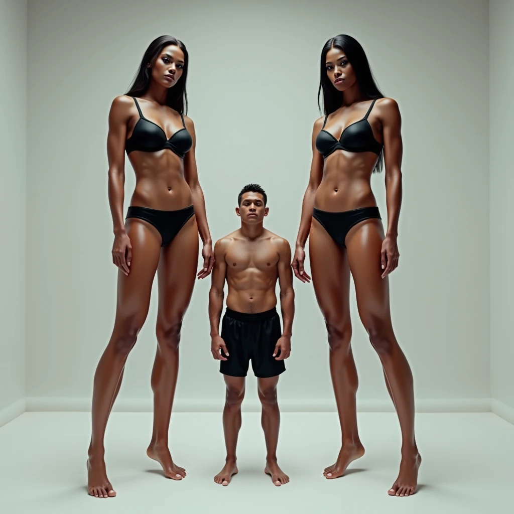 Two Very Tall girls in the left and right, short man in the middle, the two girls are much taller than the man, girls are models, girls are ring girls, man is an mma fighters, girls are wearing black bras and shorts, man is shirtless and wearing black shorts, girls are standing barefoot, man is wearing shoes