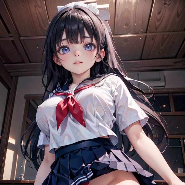 Anime Waifu beautiful detailed eyes, beautiful detailed lips, extremely detailed eyes and face, longeyelashes, 1girl, sensual, young woman, medium breasts, beautiful feminine face, nice thighs, slim, sexy, erotic, beautiful clothes, perfect body, cinematic lighting and framing, (best quality,4k,8k,highres,masterpiece:1.2),ultra-detailed,digital painting,portrait,glamorous,highly detailed,soft lighting,warm color tones  (((Upper Body、Shooting from below))、(((Accentuate your breasts、Shiny underwear、、Uniform Sailor Suit、mini skirt)))、Highest quality, 8k, masterpiece :1.3)), whole body, Sharp focus :One Girl,Glowing Skin,SSexy pose,Highest quality,Tabletop,shape,Very delicate and beautiful,Hmph,8k wallpaper,wonderful,In detail,Official Art,Very detailedなティッカーUnity 8k wallpaper,Incredibly ridiculous,Large file size,Very detailedな,High resolution,Very detailed,Beautiful detailed girl,Realistic,X-ray,The queue is full,(((Uniform Sailor Suit、mini skirt)))、(((Big Breasts、Black Hair、Uniform Sailor Suit、chool、classroom)))、Stand upright、Cleavage , ((Long black hair、))、Uniform Sailor Suit、exy pose、Hairstyle: Ponytail、both hands