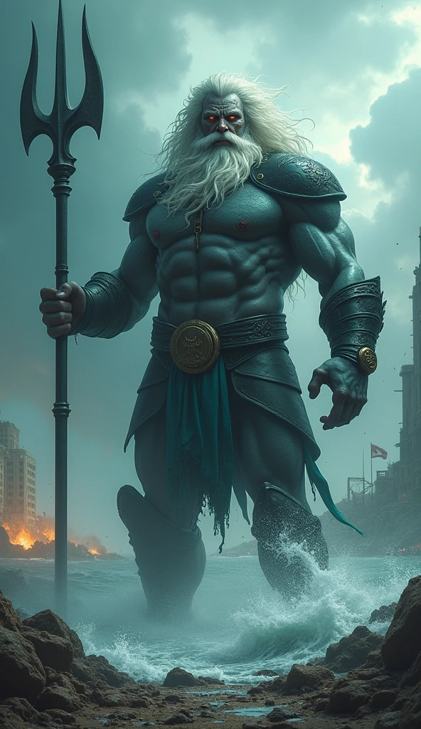 Poseidon, deeply vengeful, unleashes his wrath upon cities and heroes who dare to challenge him, an enraged man with fire in his eyes, ancient Greece, clad in dark, stormy armor, on a devastated shoreline, wielding his trident, in the background, destroyed buildings and shattered coastlines under a stormy sky, hyper-realistic, photo realism, cinematography -- ar 9:16