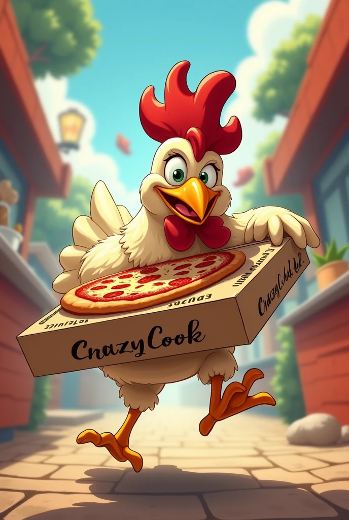 Chicken running away with a pizza box named Crazy Cook
