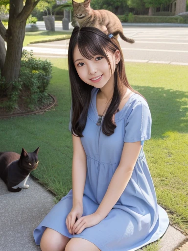 Japanese female, (underweight), (medium bust best quality:1.0), 30 years old, (cheerful grin:1.3),
landscape photo, 1 female, 1 cat, sitting on the floor, (dress), (a cat is sitting on my head:1.3), upper body, from front
