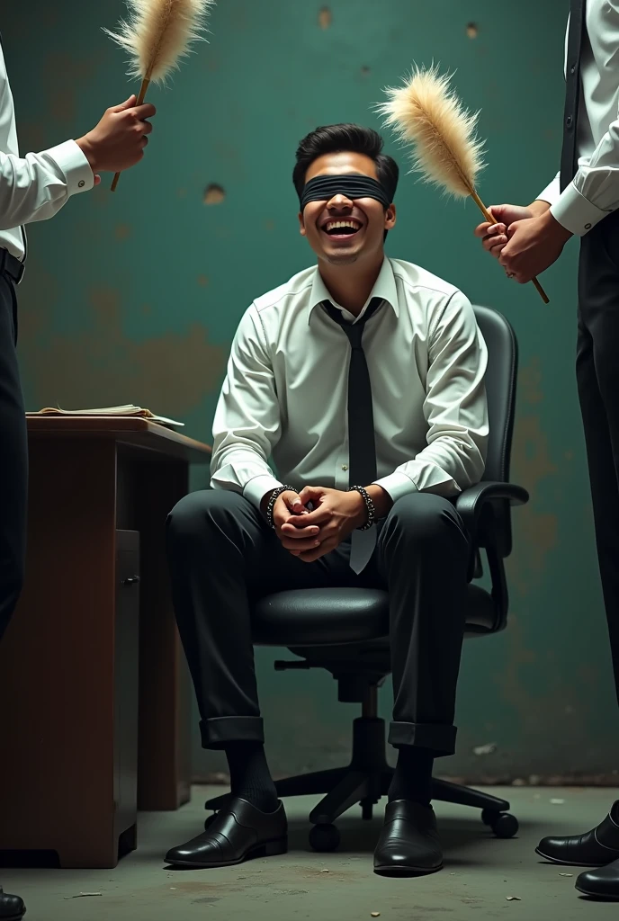 Malaysia malay handsome 19 years student
He laugh very hard
His hand handcuff in abondon warehouse
Blindfolded
handcuff
Formal Outfit
Focus feet on desk
feather duster on desk
Take off shoes on desk
Black sock
2 man holding feather duster
Focus 1 man tickle his sole feet using feather