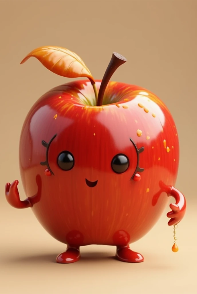 Red apple covered in caramel, that has hands, feet and a tender face 