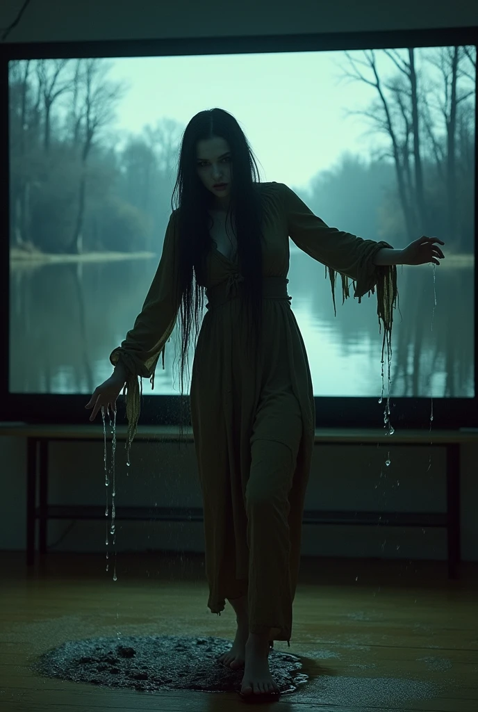 I won't be watching this movie.
**large screen tv hanging on a wall, the picture on the screen is of a murky pond, dark sparse trees are in the background , coming out of the pond and stepping outside of the image on the screen o is woman dressed in olive colored ragged clothes ,her hands are tugging at the edge of the tv screen, as she pulls herself out of the screen and steps onto the floor, water drips onto the floor, long dark hair dripping with water, pale face, dark eyes, hyper realistic**