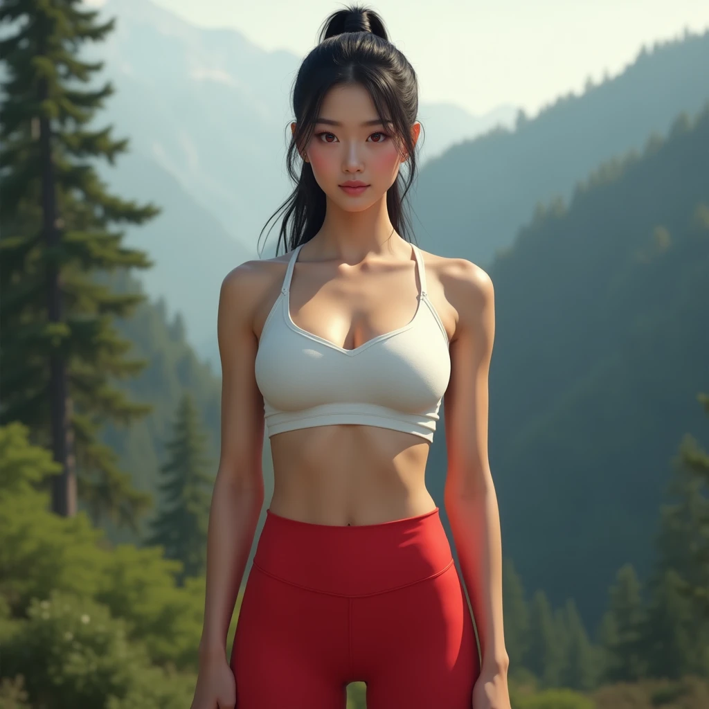 A realistic female asian, skin tight white see through sport bra, red leggings, ponytail, red eyes, full body portrait, realistic scenery