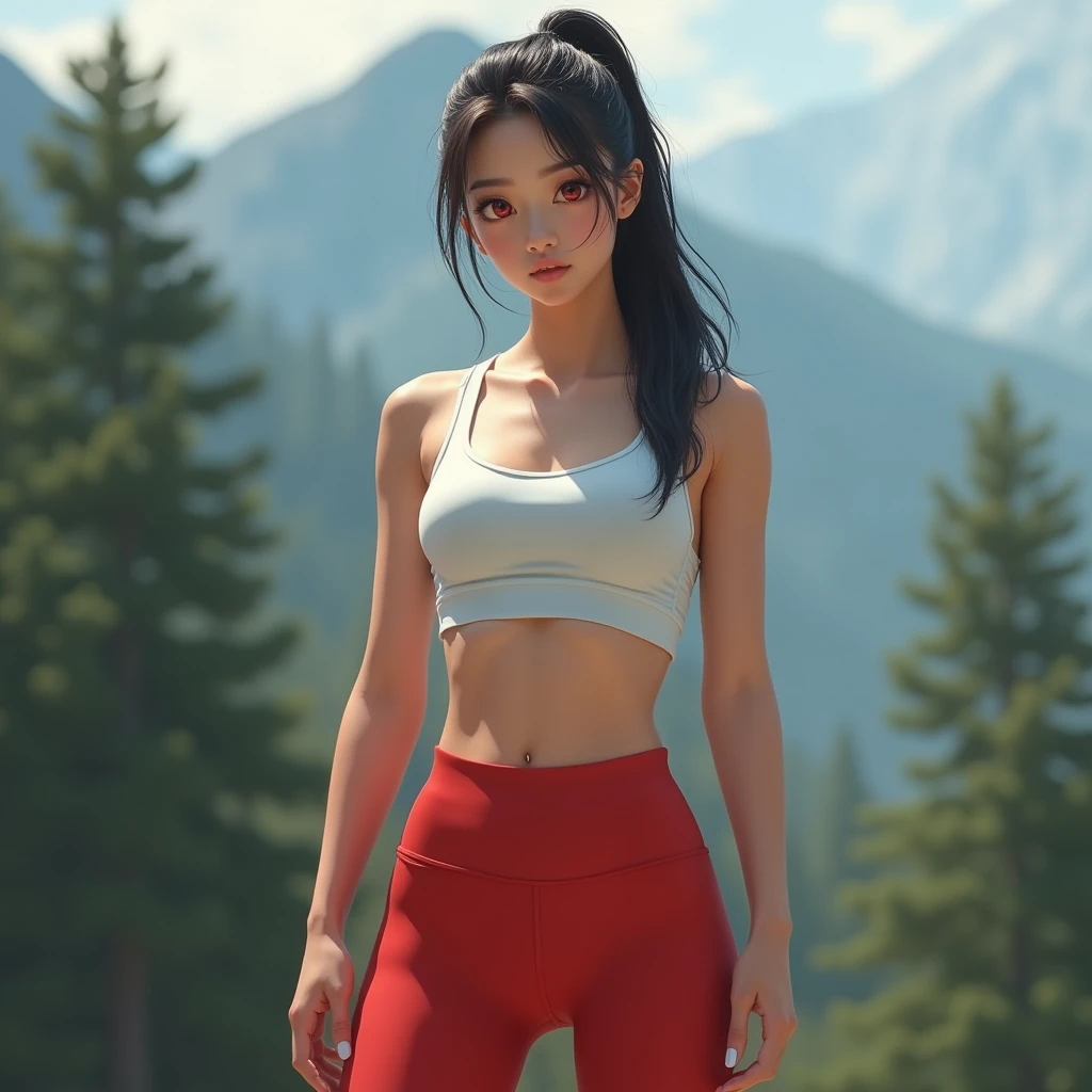 A realistic female asian, skin tight white see through sport bra, red leggings, ponytail, red eyes, full body portrait, realistic scenery
