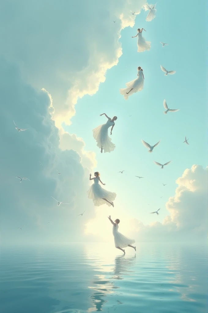 Create many people floating towards the sky and a person dressed in white floating and the sky and rolling while it is the apocalypse