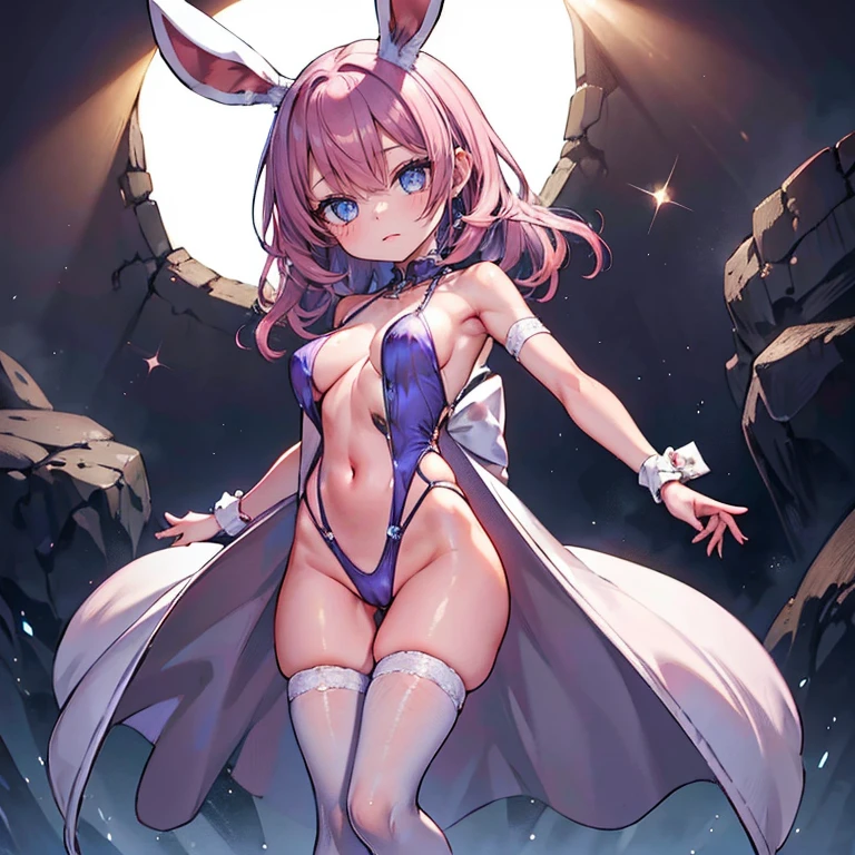 Anime Waifu beautiful detailed eyes, beautiful detailed lips, extremely detailed eyes and face, longeyelashes, 1girl, sensuous, young woman, medium , beautiful feminine face, nice thighs, slim, sexly, tic, bel clothes, perfect body, cinematic lighting and framing, (best quality,4K,8k,highres,masterpiece:1.2),ultra-detailed,digital painting,portrait,glamorous,highly detailed,soft lighting,warm color tones artwork, highest quallity,gorgeous eyes, cute hair, beautiful  face, beautiful fur, standing alone, 1 girl, した乳head, anime girls, (all-body), curved, beautiful breasts,shining are eyes, soft skin, shining skin, soft skin, shining skin, （Purple slingshot swimsuit without shoulder embellishments, head, or abdomen.)、side bust, neckleace, bare feet, high-heels, (pink  hair), (bare head:1.3), (bared shoulders:1.3), (bare clavicles:1.3), fake bunny ears, blue colored eyes, They are standing