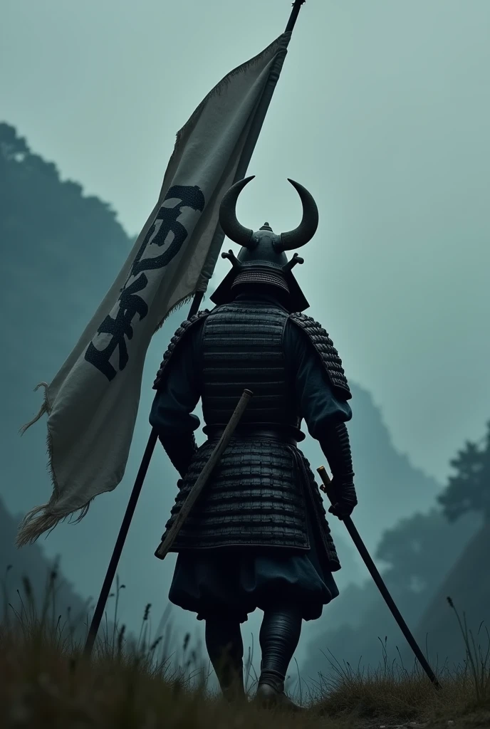 I want to create a scene from a movie. realistic expression. Camera filming behind the main character. An old armored warrior dressed in Japanese armor. He is carrying a vertical flag with his family crest used in the Warring States period in Japan., crossed on the back. The helmet worn by the warrior has a large crescent-shaped horn on the front. The composition of the entire body is made from head to toe. The background is dark because the sun has not yet risen over the misty mountains. Both hands are 45 degrees below horizontal, holding a drawn sword, ready for battle at any time, Left and right toes stepping on the grass, whole body, taken from the back, young guy,