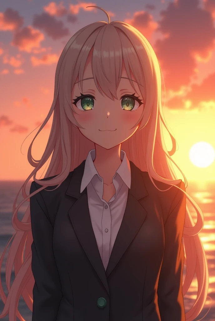 I want a female anime character around 3, dull emerald eye color, long brown ash blonde hair, look would be with a happy expression, With a suit, that can only be seen from the waist up, make it look realistic, background her in the sunset behind her