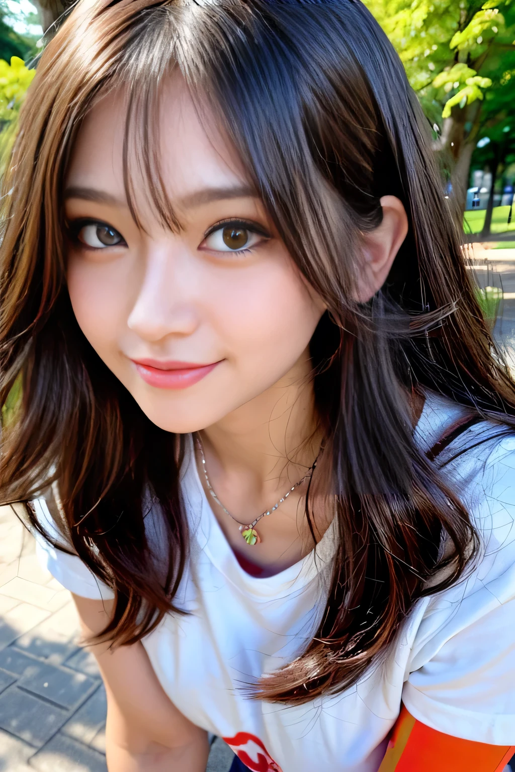 seed:1237008697,((close-up:1.3))((Full Body Angle:1.1)),((Highest quality, 8k, masterpiece: 1.3)), concentrated: 1.2,Front hair:1.3, Cute 1,Nipples erect、 Perfect beauty: 1.4,Colorful star print T-shirt、Shorts,: 1.2,Randall Color、comics&Text Graphics、Black,1.1, Highly detailed face and skin textures, Fine grain, double eyelid, whitening skin, ,Highest quality,Ultra-high resolution,you,1 person,alone,_Shiny_skin,Iris,necklace,((brown_length_Wavy_hair)),(lips)),eyelash,Front hair,deal with,compensate,Shiny,pore,skin big breasts、((smiling face))、((Front hair:1.3))、Walking in the park、Standing and walking、gravure idol、Don't look at the camera、
