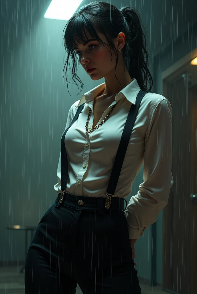 a woman in a suit, belt, hands behind back, sweating, suspenders, black pants, sexly, large breasts, see-through clothing, rain, detective, office worker, white button-up shirt, (best quality,4K,8k,highres,masterpiece:1.2),ultra-detailed,(realistic,photorealistic,photo-realistic:1.37),hyper-detailed,highly detailed face and body, Slender　thin　suspenders　Moderate breasts　See-through shirt　Nipples　holster　chain　Pistol　Armament　criminal　Female criminal　knife　japanese　profile　Japanese women　arrested handcuff 
