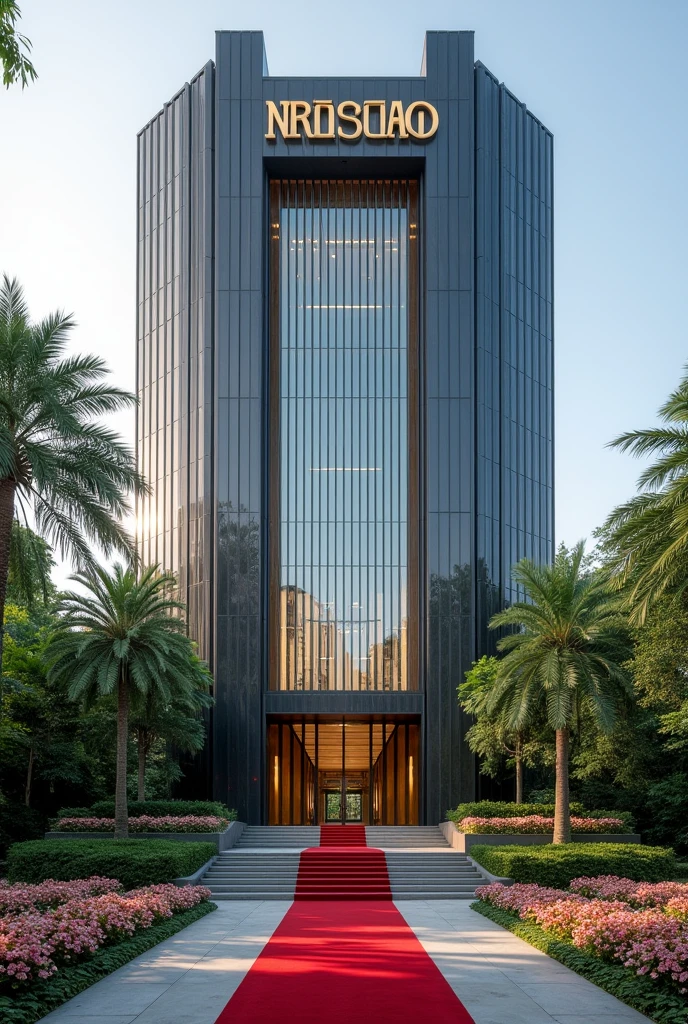 A luxurious, presidential standard company headquarters with the name NEXUS(CCAO) on it and red carpet on entrance with Singaporean architecture,grass, flowers and on it's own space and compound where is the name NEXUS (CCAO) can't see the words I want it more bold and exquisite where are the writing make it long on both left and right give full view and the extension let it be alone on it's big compound writings?