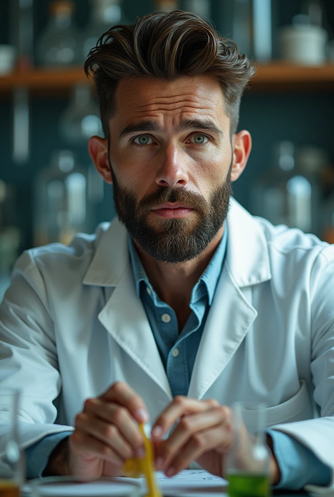 30 year old man brown hair freshly shaved beard marks strong green eyes lab coat and test tubes