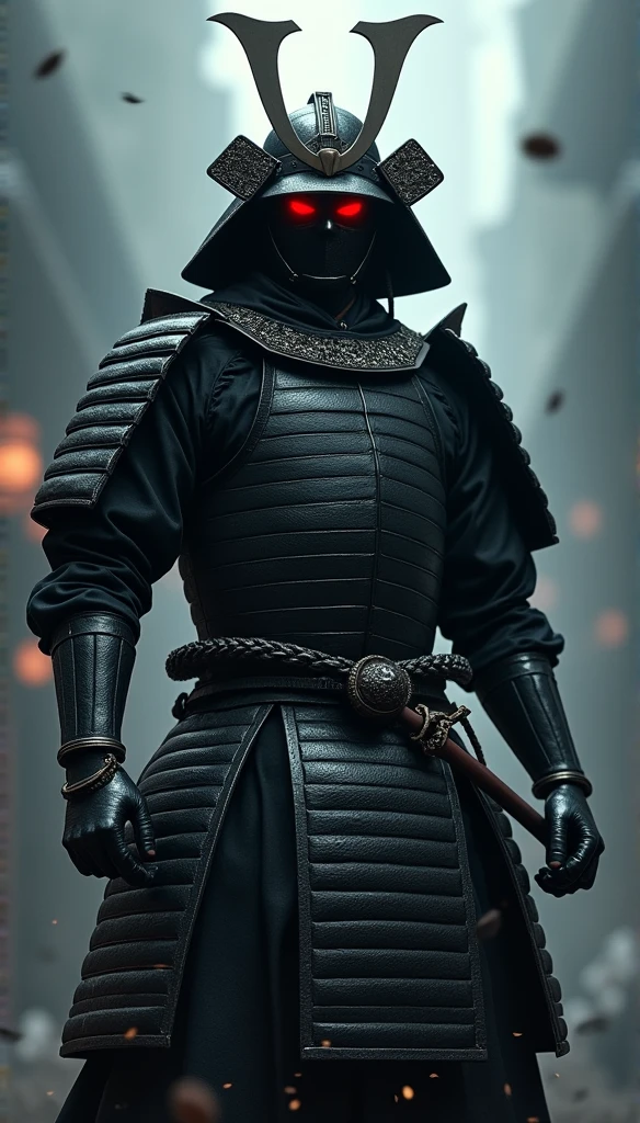 (a powerful samurai warrior:1.1, intense atmosphere, black armored helmet, dark samurai mask covering the face, black gauntlets, Black leg armor, eerie glowing red eyes, imposing presence, noble feudal era, Samurai Warrior of the Sengoku Period, formidable figure, poised for battle, fearless:1.1)