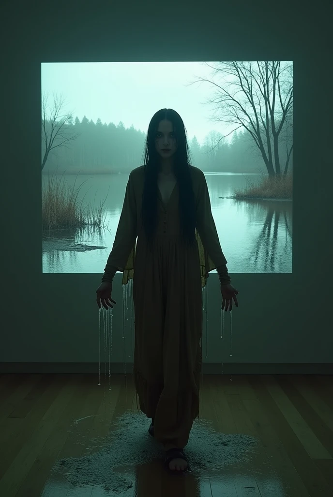 I won't be watching this movie.

**large screen tv hanging on a wall, the picture on the screen is of a murky pond, dark sparse trees are in the background , coming out of the pond and stepping outside of the image on the screen o is woman dressed in olive colored ragged clothes ,her hands are tugging at the edge of the tv screen, as she pulls herself out of the screen and steps onto the floor, water drips onto the floor, long dark hair dripping with water, pale face, dark eyes, hyper realistic**