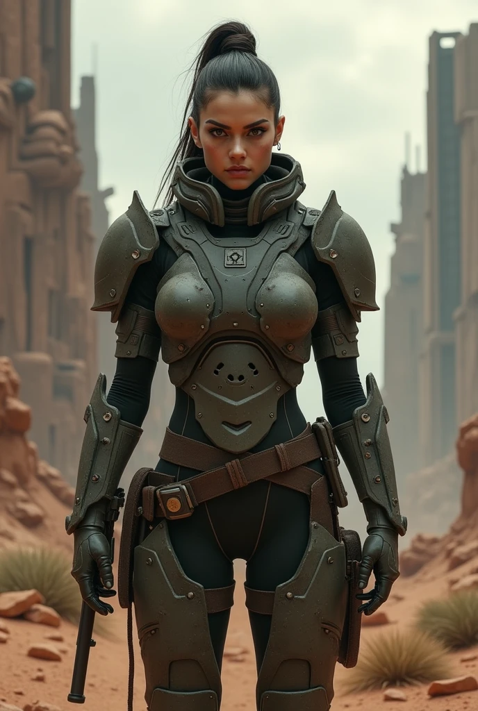 female, woman,mercenary wearing battle armor, futuristic western scene, dark fantasy atmosphere,