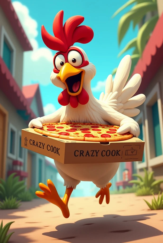 Chicken running away with a pizza box named Crazy Cook
