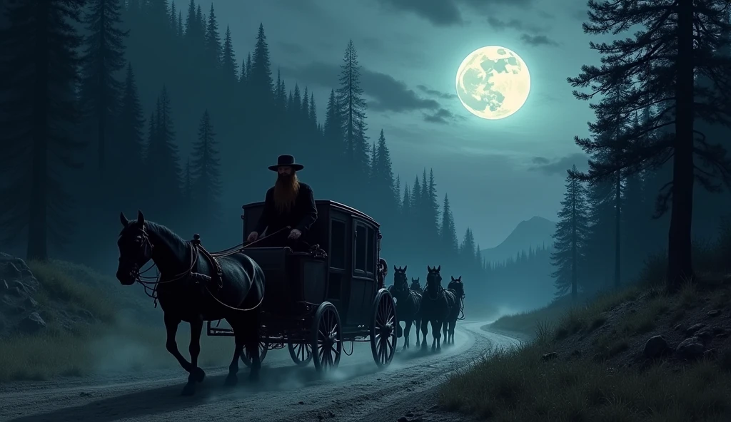 a dark stagecoach pulled by 4 black horses, driven by a tall man with a long brown beard and a big black hat. The stagecoach travels along a dirt road in a mountainous section surrounded by dense forest. It's a dark night with a full moon