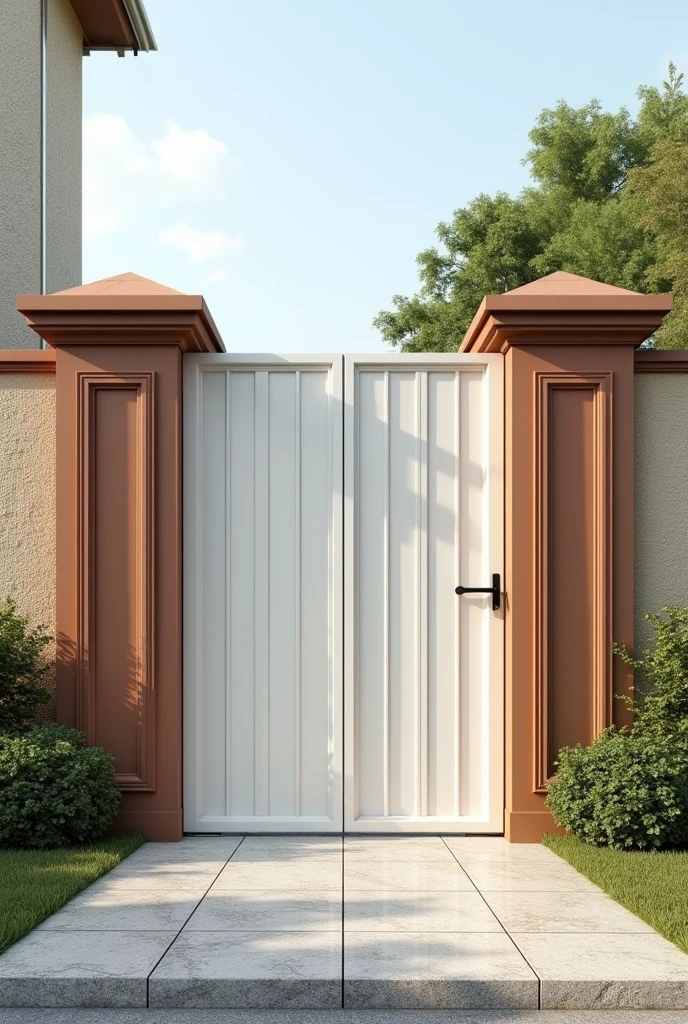 I have a 40-meter linear wall with a metal social gate painted white. (gate all closed, no air passage) and side columns with closure at the top painted in varnished monkey brown, I need examples of designers for the wall, It has a thick roughcast texture painted in sand color, Give me photos of how I can improve the wall to make it more beautiful.