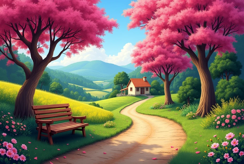  Countryside landscape with a road with many pink ipês, candle trees, green lawn and lots of trees, floral flowers colorful, azalea plant, leaves on the road, house with land at the end of the road, rustic wooden bench like a picture painting