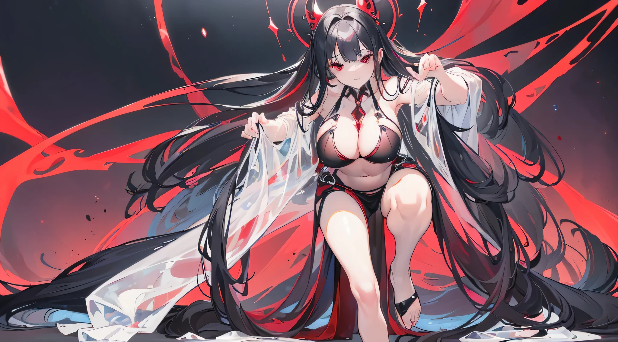 Exquisite eyes),(Clear and beautiful eyes:1.61),masterpiece, ung girl,(Black clothes and some red gems), Black long hair, (She has a huge red gem on her chest), Good Hand,((The Havoc of StarCraft)),full-body shot,Fighting Stance,(Red Eyes:1.466),short and small,(Very big breasts:1.35),(Pretty Face),(full-body shot:1.33),Beautiful hands