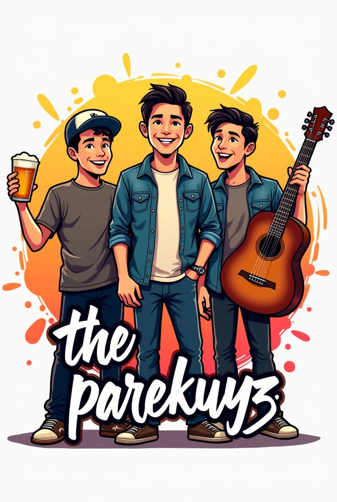 logo of three all boys Filipino friends, one is holding a glass of beer with a snapback cap and the other is holding a guitar and below the logo is the lettering the parekuyz