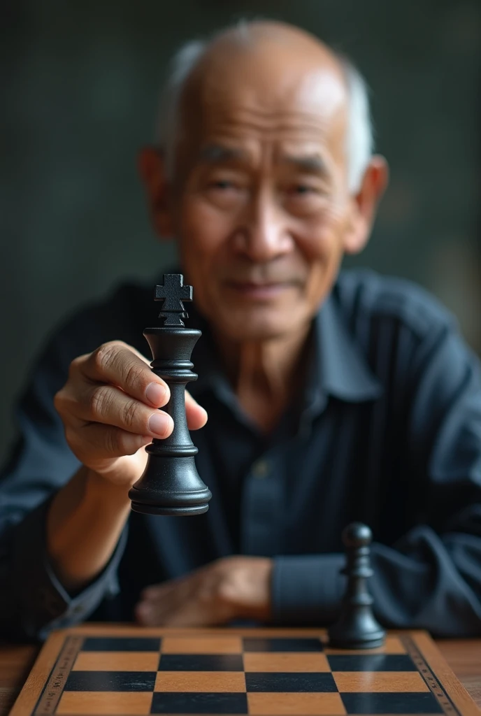 Super realistic images in high resolution. An Indonesian man, 60 years old, real bald, clear face, slim body, wearing casual. He picks up and shows highly a super clear black horse piece of chess. There is a blurred chess under the black horse piece.