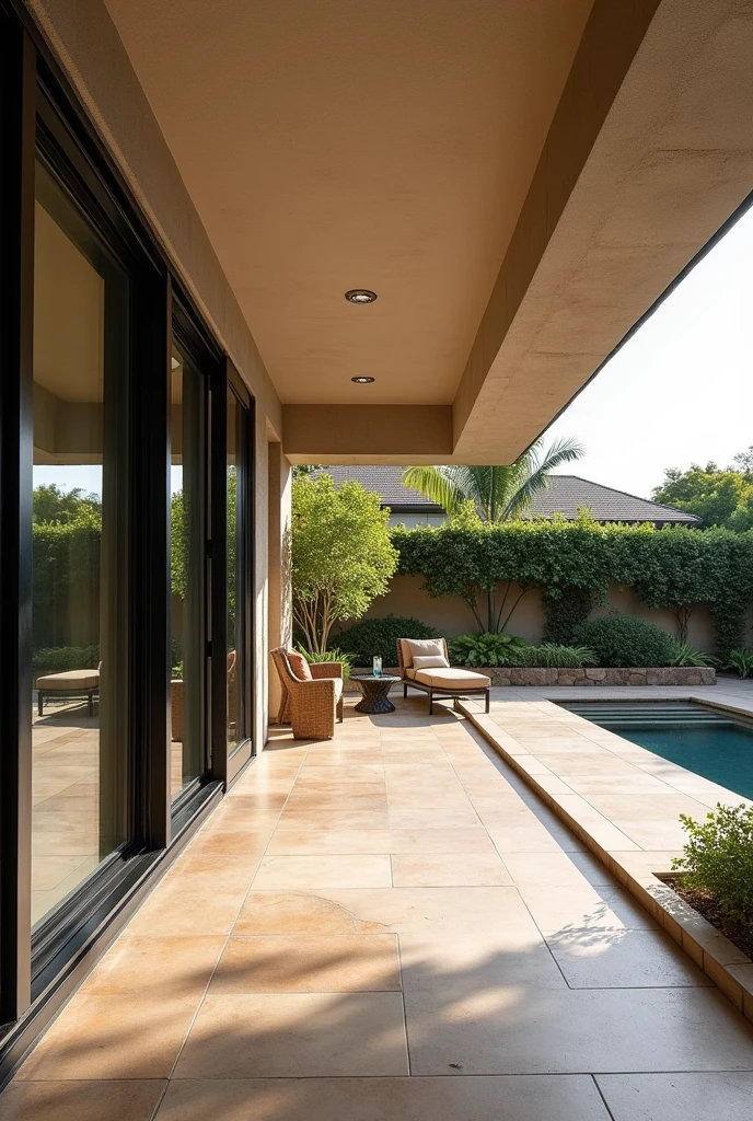 Blended Indoor-Outdoor Living Spaces
Create a luxurious indoor-outdoor living space featuring large sliding glass or bi-fold doors. Include a seamless transition with level flooring, matching tiles inside and out, and retractable screens. The design should include a shaded patio area, possibly with a pergola or awning, that smoothly connects the indoor and outdoor environments