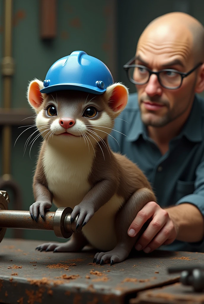 old weasel with human shape and blue work helmet working on a lever accompanied by a bald man with glasses