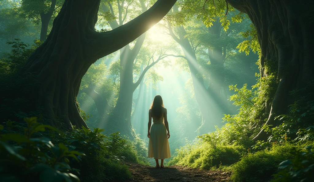 (best quality, masterpiece, ultra detailed), Fantastic forest footage: The protagonist stands in a fantastical forest.、wood々The light that shines through the gaps envelops him.。The figure is depicted searching for something in the forest.。The camera captures the beauty of the forest and the protagonist's struggles.。Close-up of the main character