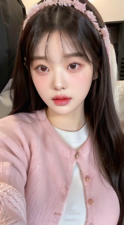 A close up of a woman with long hair wearing a pink sweater and pink eyes, Young cute pale asian face, parque me, Young adorable korean face, Beautiful young Korean woman, pale korean adorable face, ulzzang, heonhwa choe, beautiful south korean woman, jennie pink black, lee ji-eun, Lee Ji Eun, dilraba dilmurat, Big breasts , heavy breasts