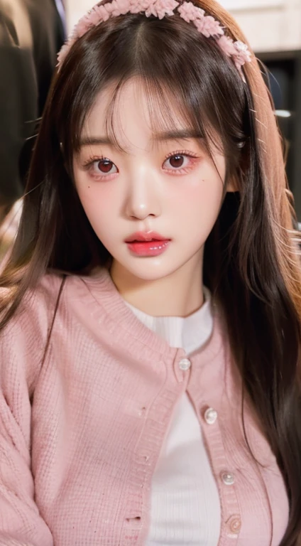 A close up of a woman with long hair wearing a pink sweater and pink eyes, Young cute pale asian face, parque me, Young adorable korean face, Beautiful young Korean woman, pale korean adorable face, ulzzang, heonhwa choe, beautiful south korean woman, jennie pink black, lee ji-eun, Lee Ji Eun, dilraba dilmurat, Big breasts , heavy breasts