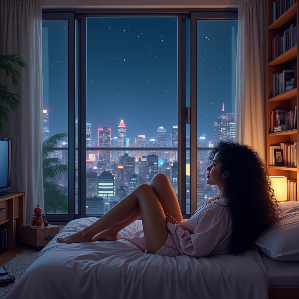 realistic photo of a (pretty girl, 20 years old, brunette, black eyes) at her room viewing TV in a wide screen into a cozy apartament into a glass building , (full lips) , ((perfect face)), [[mild smile]], proportionate body,mixed white-latina herritage, beautyfull, beautyfull face, [nubyan nose], [tanned skin], two arms, two legs, five fingers by hand, full body, (curly black long hair), girl in confortable sleepewar viewing TV from her bed, bookshelves with books and collectibles, mezzy stuff on floor, starred sky behind pothole at ceiling, confortably lying with feet over bed, photo taken from the back to feet, confortable appartament into glass building, night neon cyberpunk city behind huge glass panels
